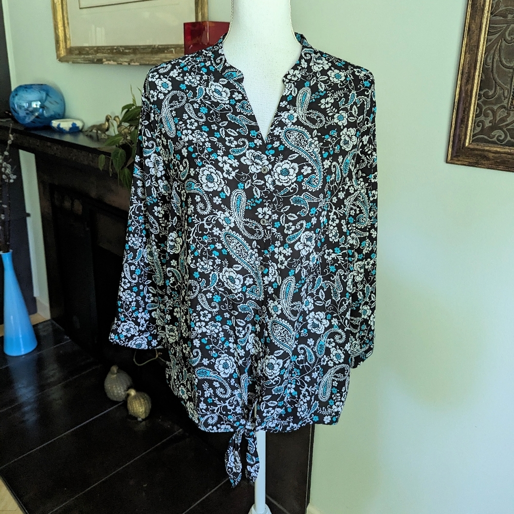 Talbots Floral Paisley Button Front Tie Waist Blouse Womens Large 3/4 Sleeve 119